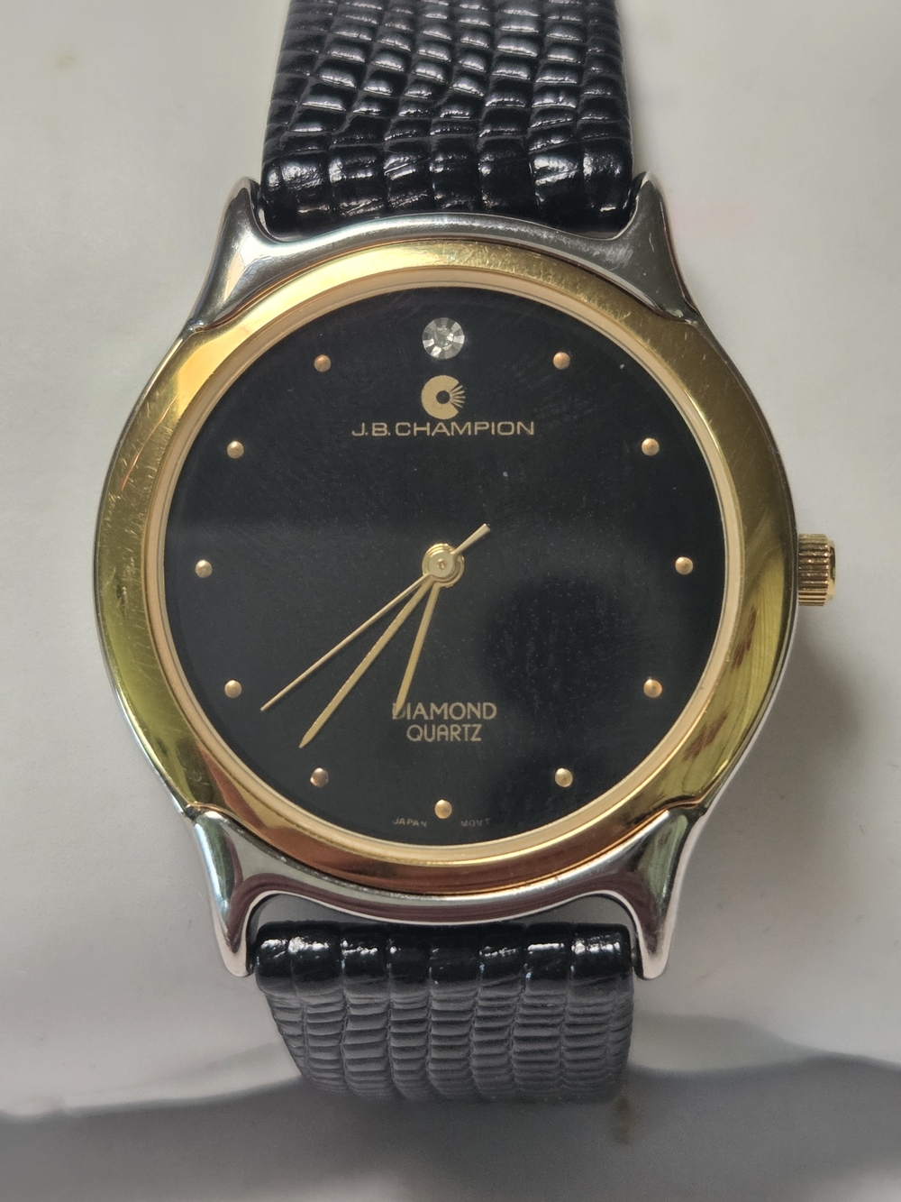 J.B. Champion Black Dial Gold-Tone Accent Diamond Quartz Watch